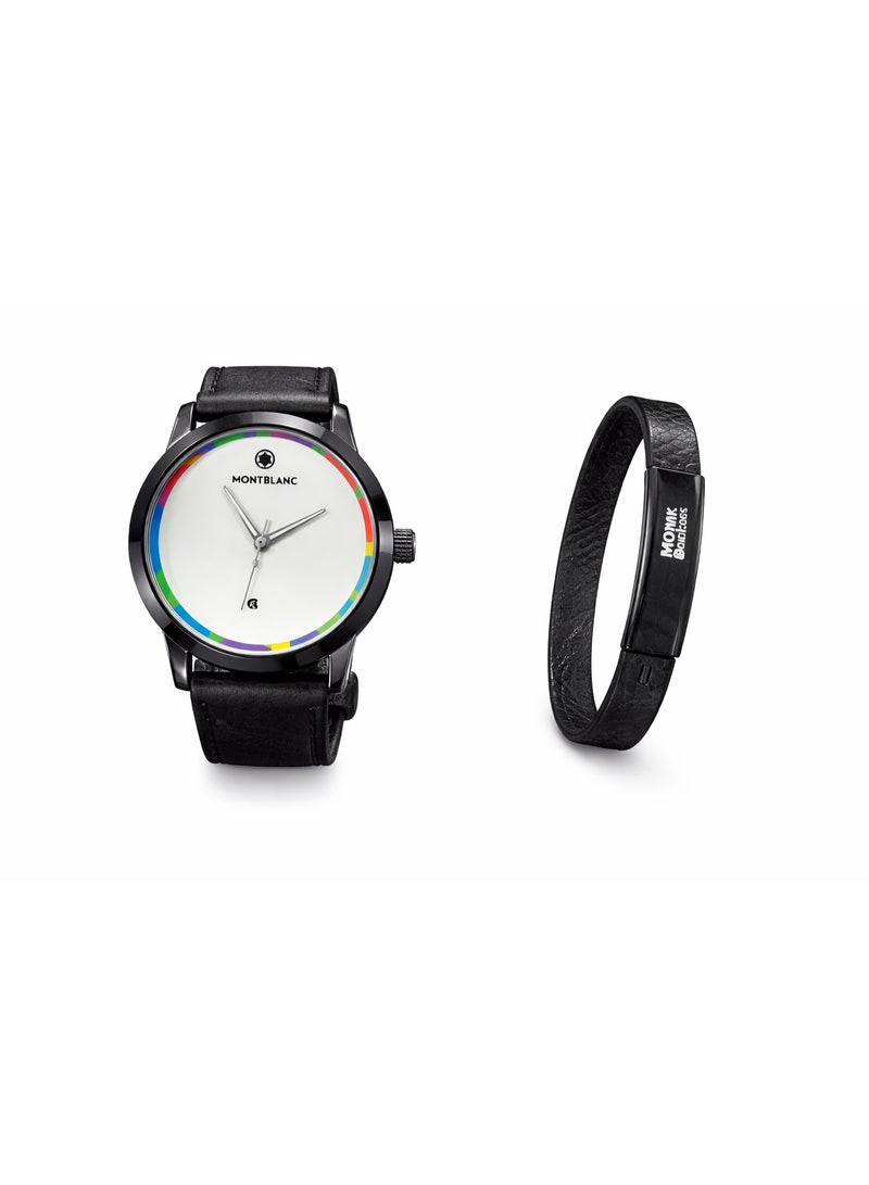 Montblanc Men’s Watch & Bracelet Gift Set – Black Leather Strap, Minimal Dial Design - Image 2